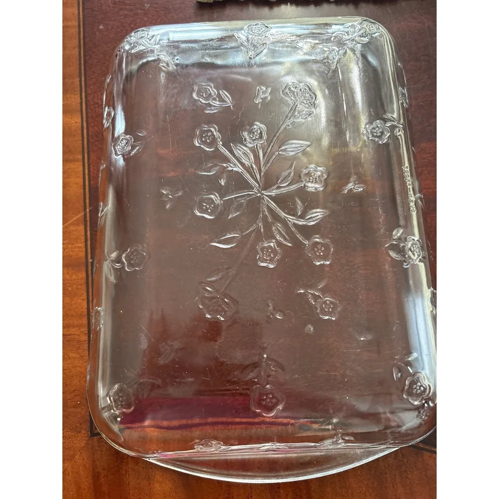 Vintage Clear Glass Floral Embossed Oven Proof Rectangular Baking‎ Dish 13.5in